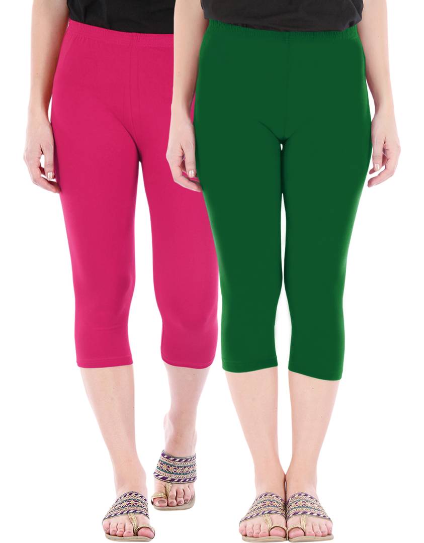 Stunning Cotton Blend Solid Skinny Fit Capris Leggings For Women And Girls - Pack Of 2